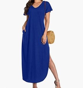 Zanzea Royal Blue Maxi Rounded V-Neck Elevated T-Shirt Dress w/ Slit XXXL